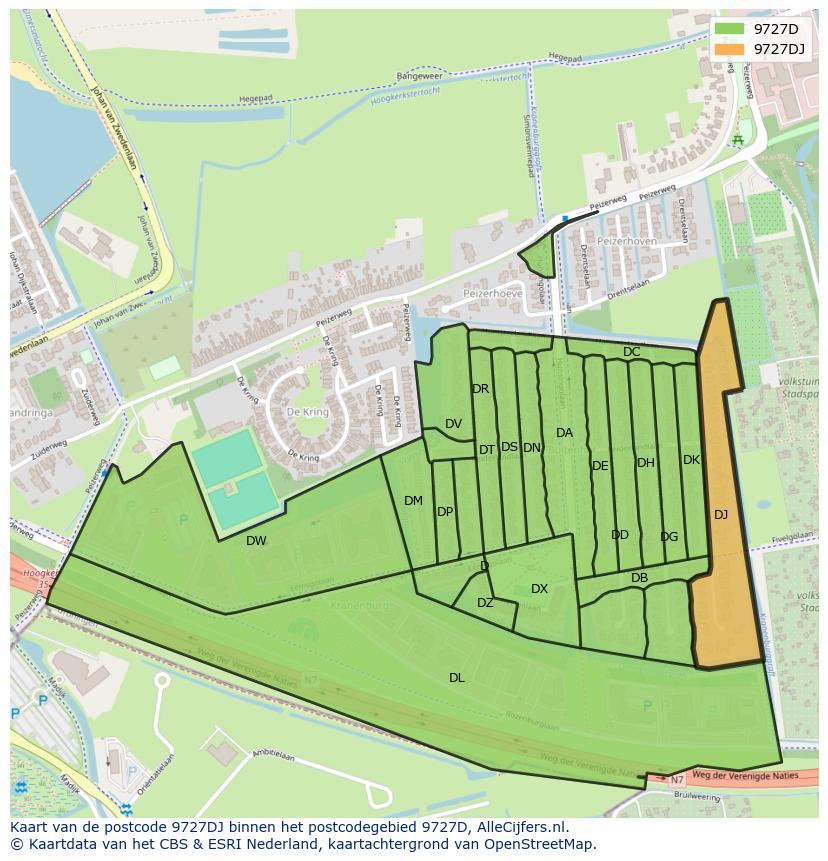 Afbeelding van het postcodegebied 9727 DJ op de kaart.