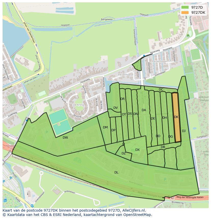 Afbeelding van het postcodegebied 9727 DK op de kaart.
