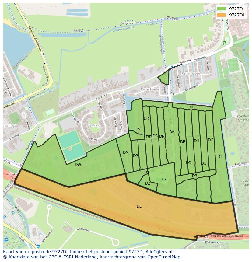 Afbeelding van het postcodegebied 9727 DL op de kaart.