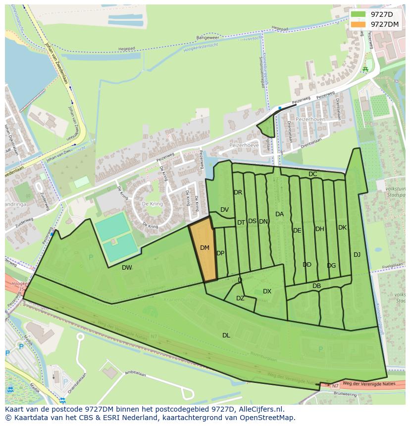 Afbeelding van het postcodegebied 9727 DM op de kaart.