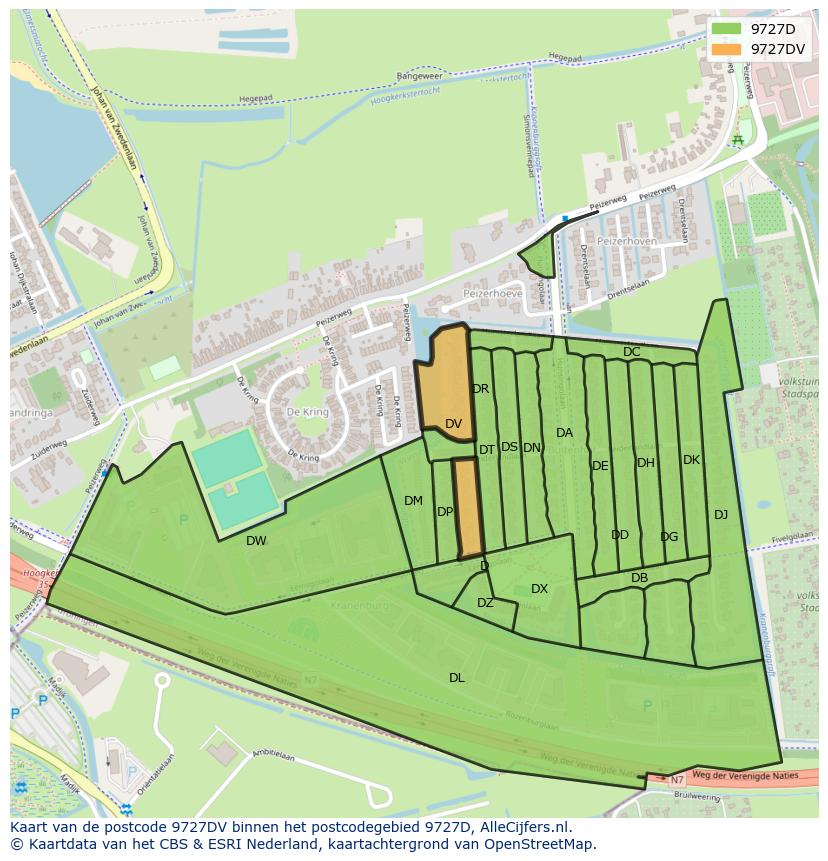 Afbeelding van het postcodegebied 9727 DV op de kaart.