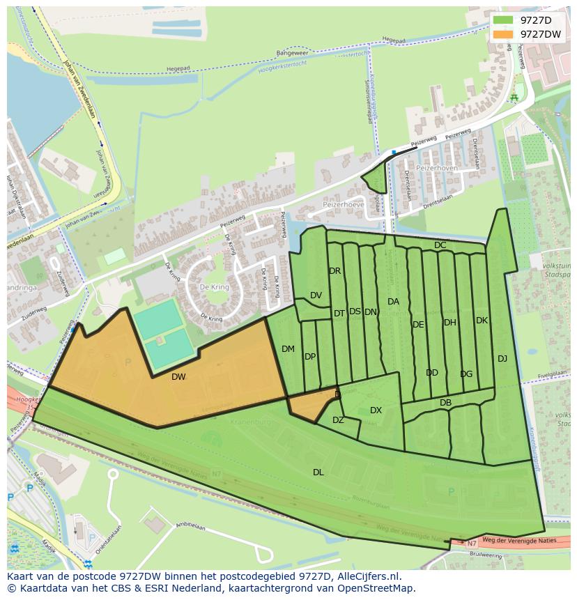 Afbeelding van het postcodegebied 9727 DW op de kaart.