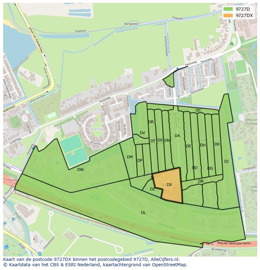 Afbeelding van het postcodegebied 9727 DX op de kaart.