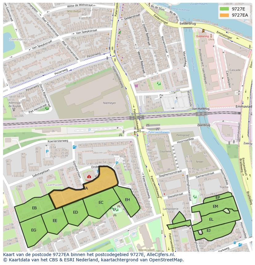 Afbeelding van het postcodegebied 9727 EA op de kaart.