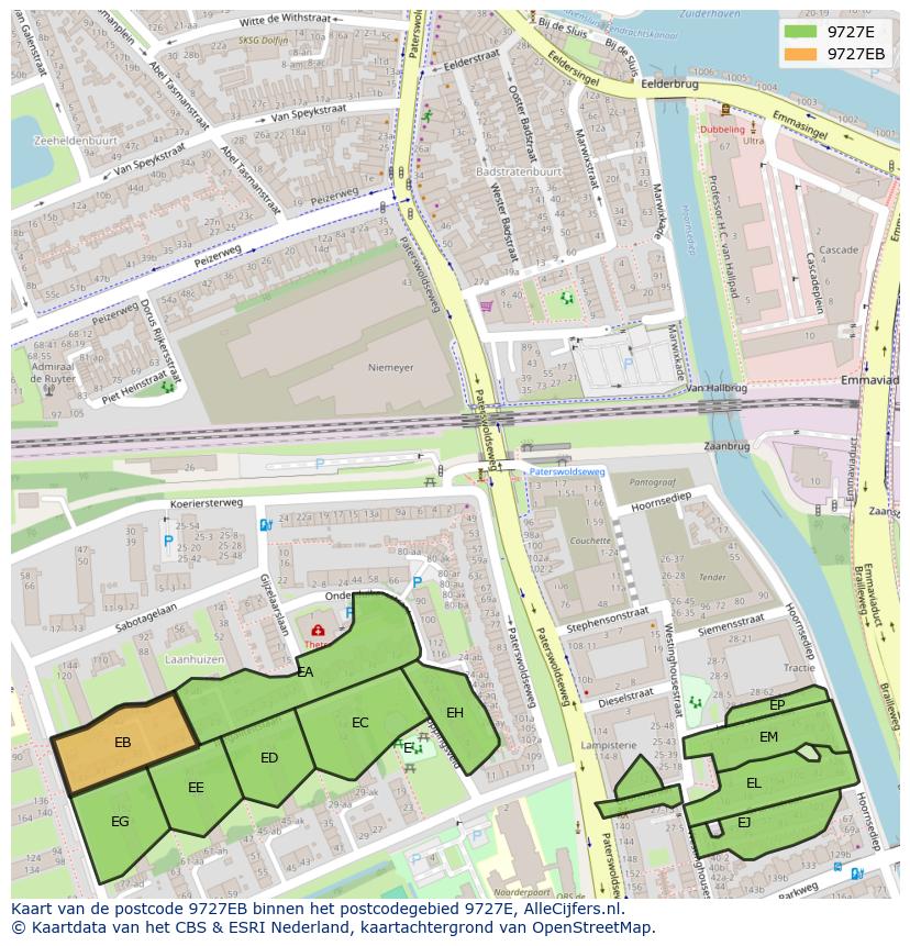 Afbeelding van het postcodegebied 9727 EB op de kaart.