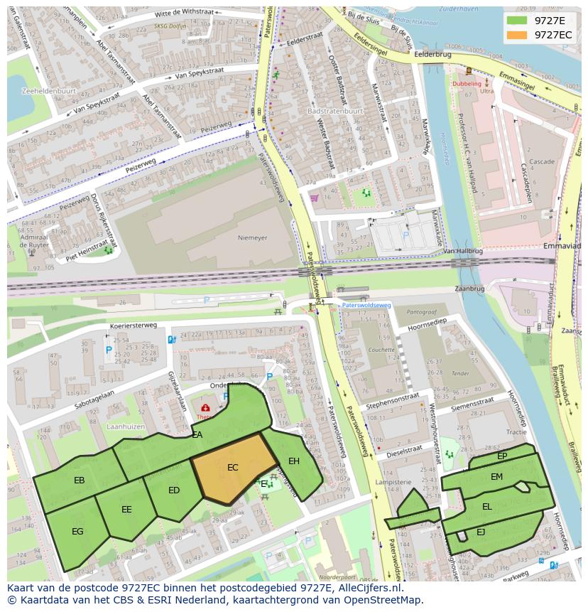Afbeelding van het postcodegebied 9727 EC op de kaart.