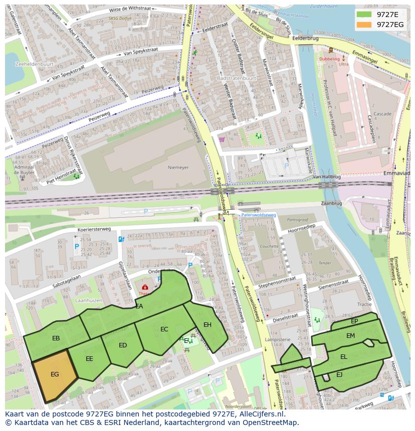 Afbeelding van het postcodegebied 9727 EG op de kaart.
