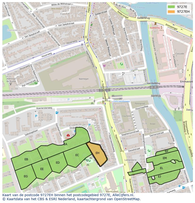 Afbeelding van het postcodegebied 9727 EH op de kaart.