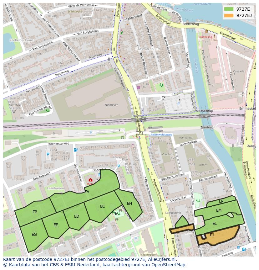 Afbeelding van het postcodegebied 9727 EJ op de kaart.