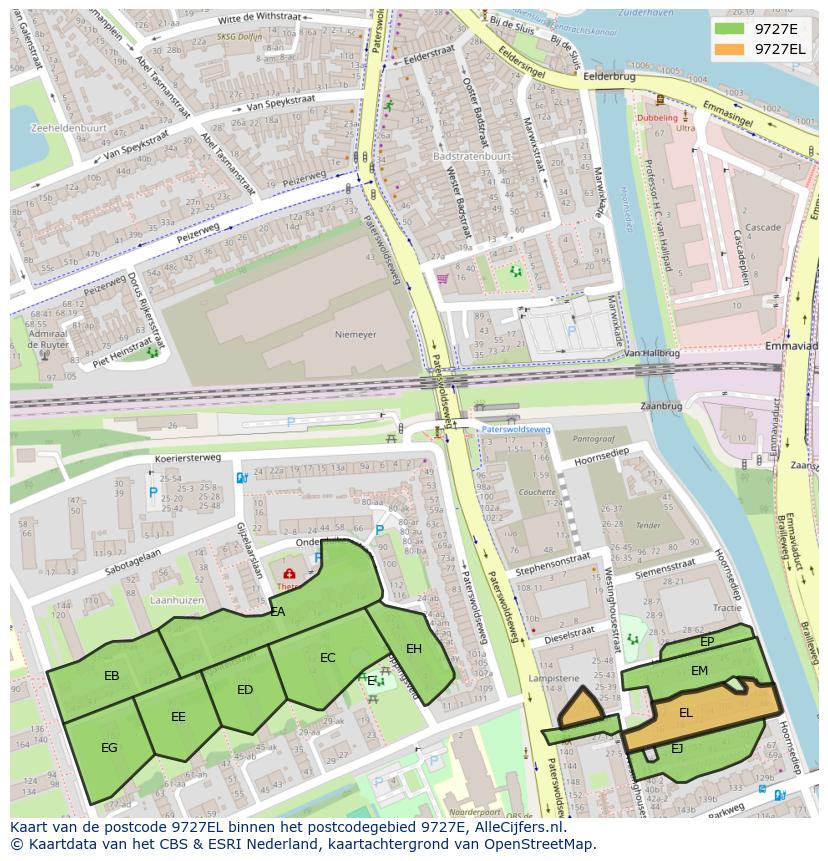 Afbeelding van het postcodegebied 9727 EL op de kaart.