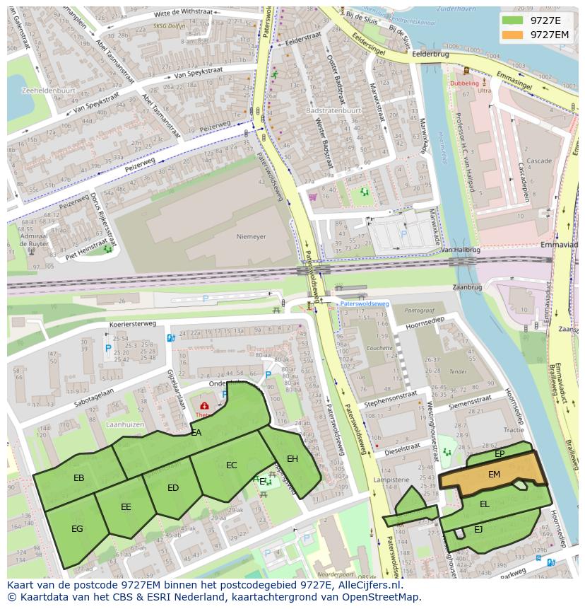 Afbeelding van het postcodegebied 9727 EM op de kaart.