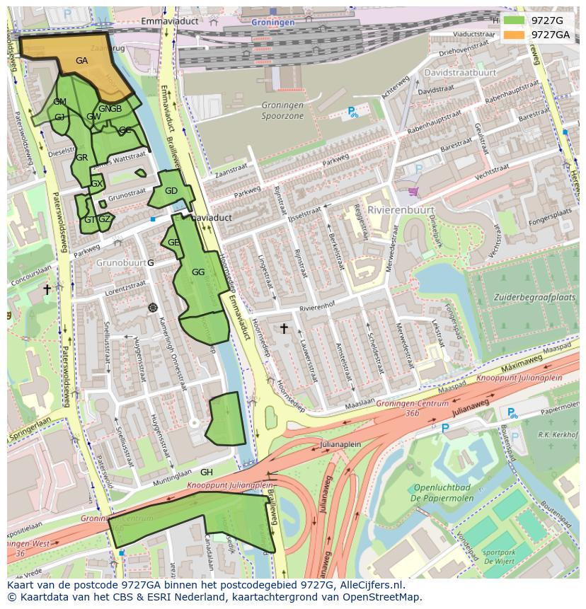 Afbeelding van het postcodegebied 9727 GA op de kaart.