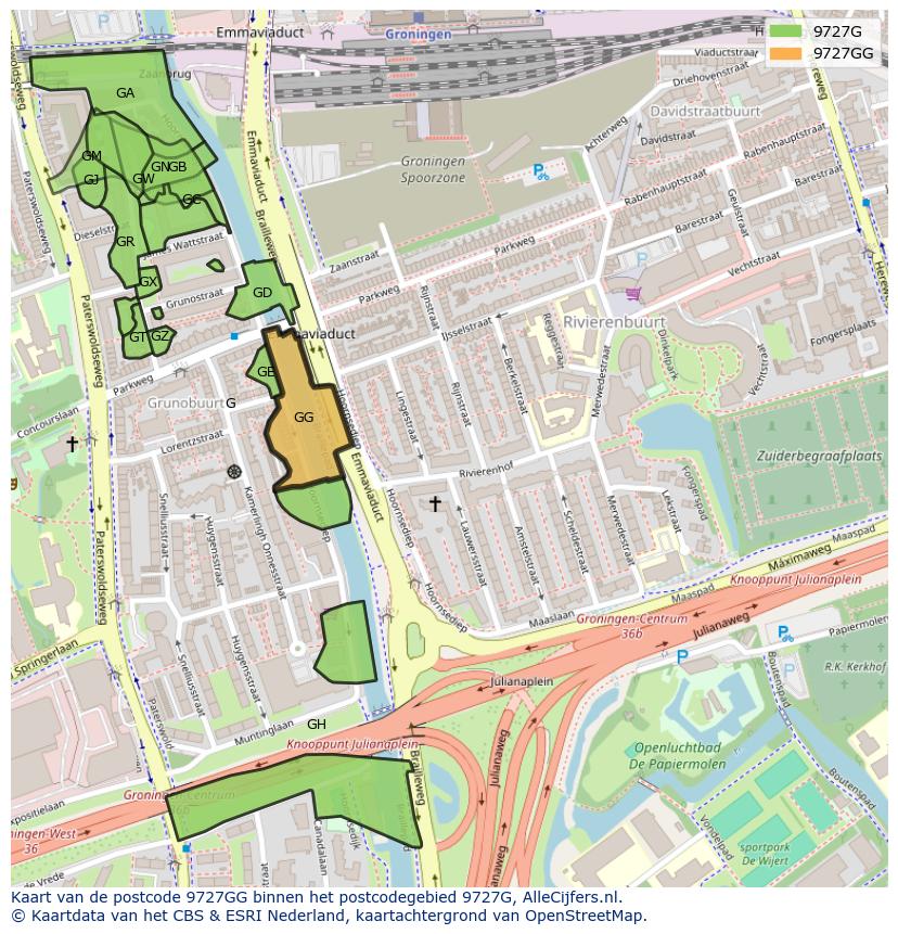 Afbeelding van het postcodegebied 9727 GG op de kaart.