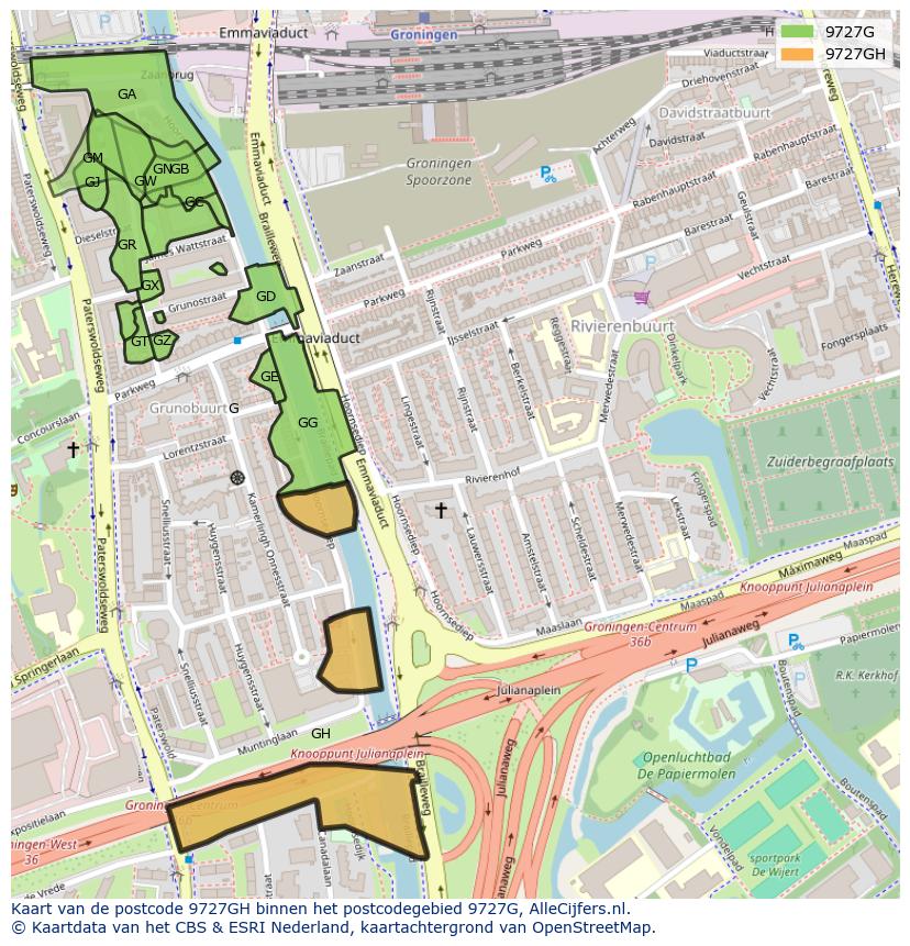 Afbeelding van het postcodegebied 9727 GH op de kaart.