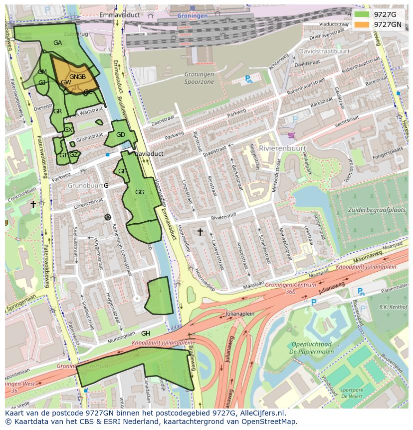 Afbeelding van het postcodegebied 9727 GN op de kaart.