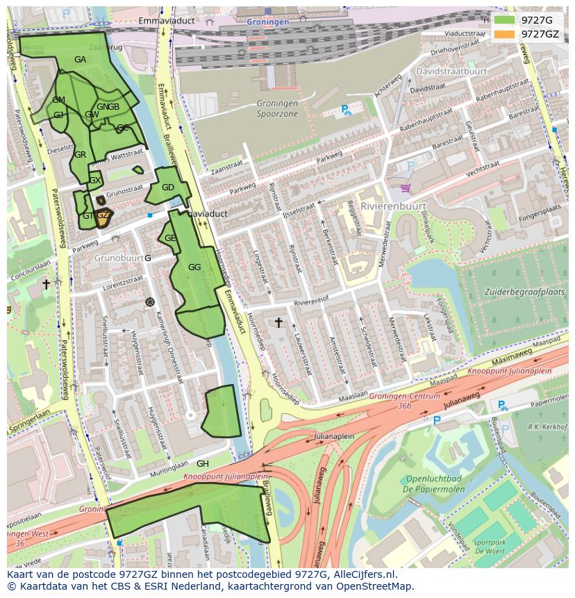Afbeelding van het postcodegebied 9727 GZ op de kaart.