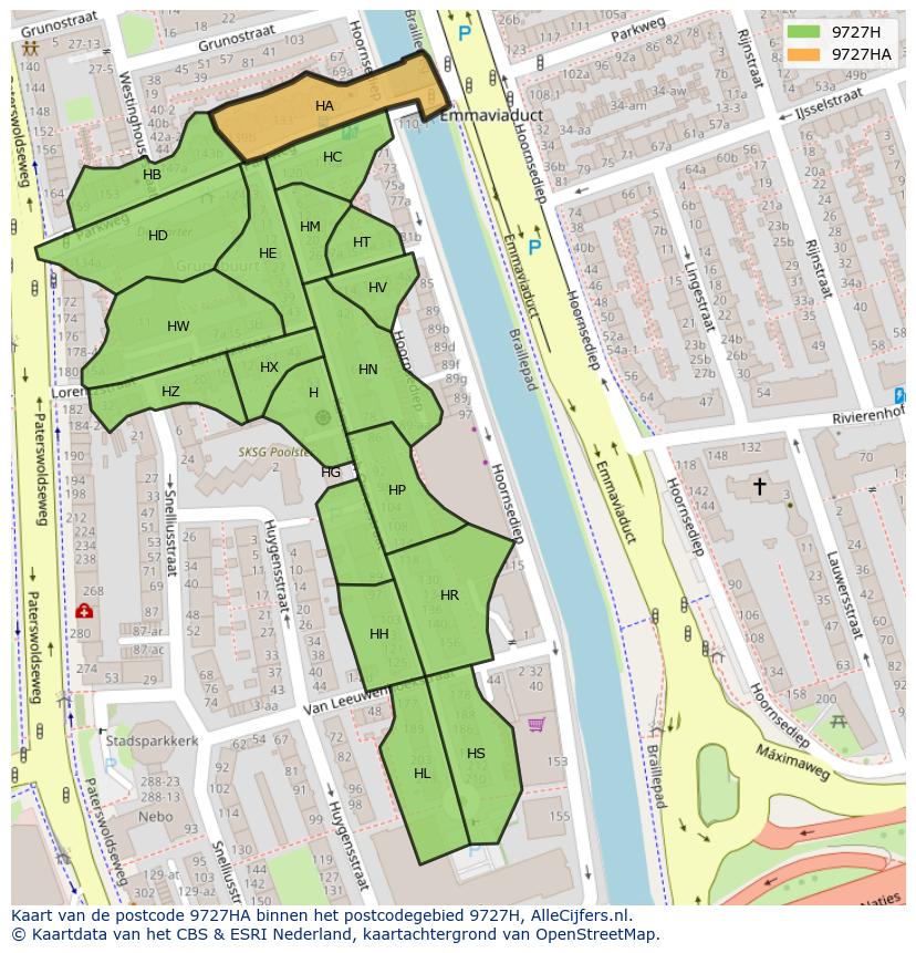 Afbeelding van het postcodegebied 9727 HA op de kaart.