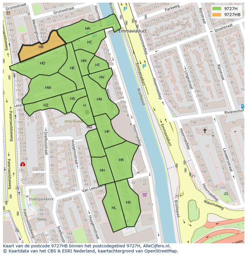Afbeelding van het postcodegebied 9727 HB op de kaart.