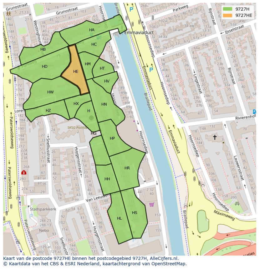 Afbeelding van het postcodegebied 9727 HE op de kaart.