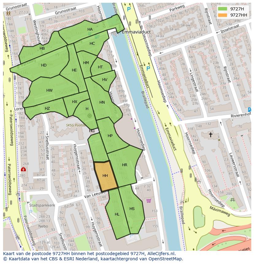 Afbeelding van het postcodegebied 9727 HH op de kaart.
