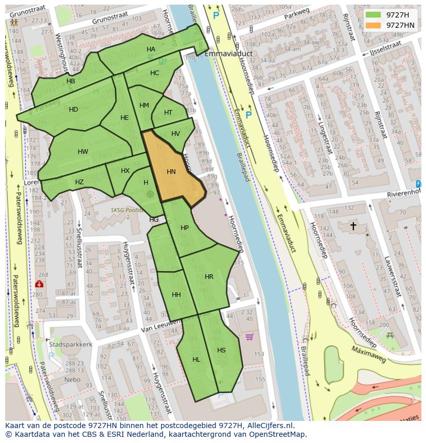 Afbeelding van het postcodegebied 9727 HN op de kaart.