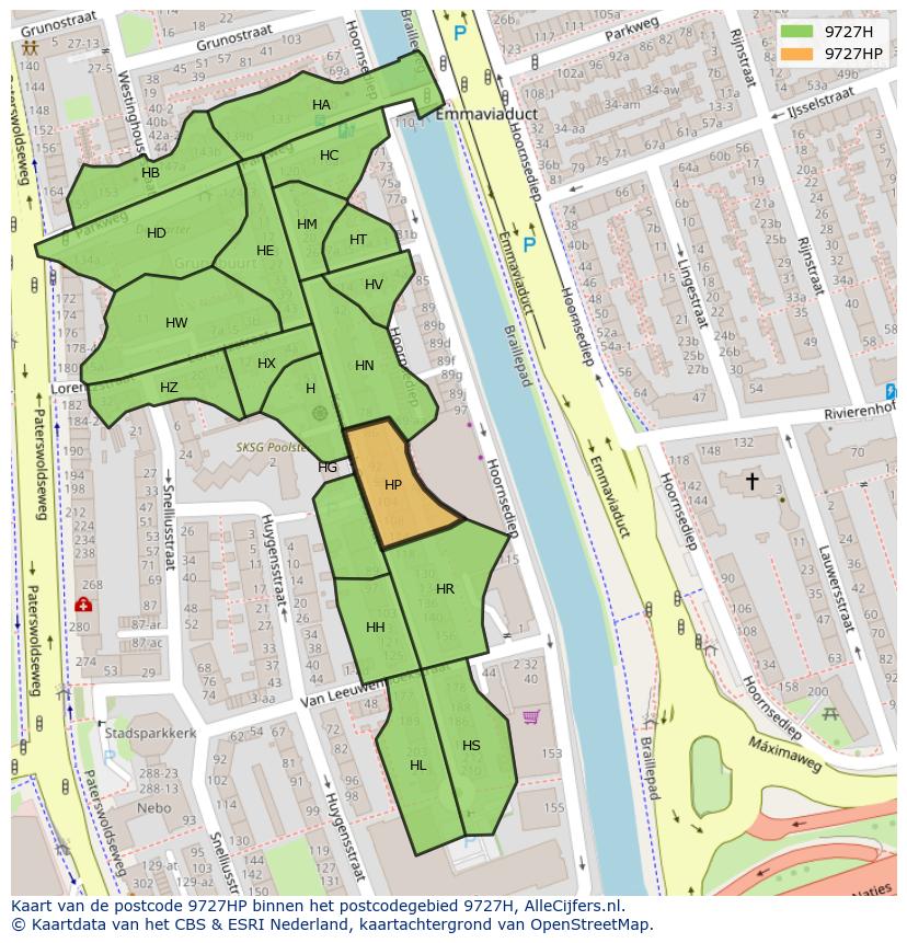 Afbeelding van het postcodegebied 9727 HP op de kaart.