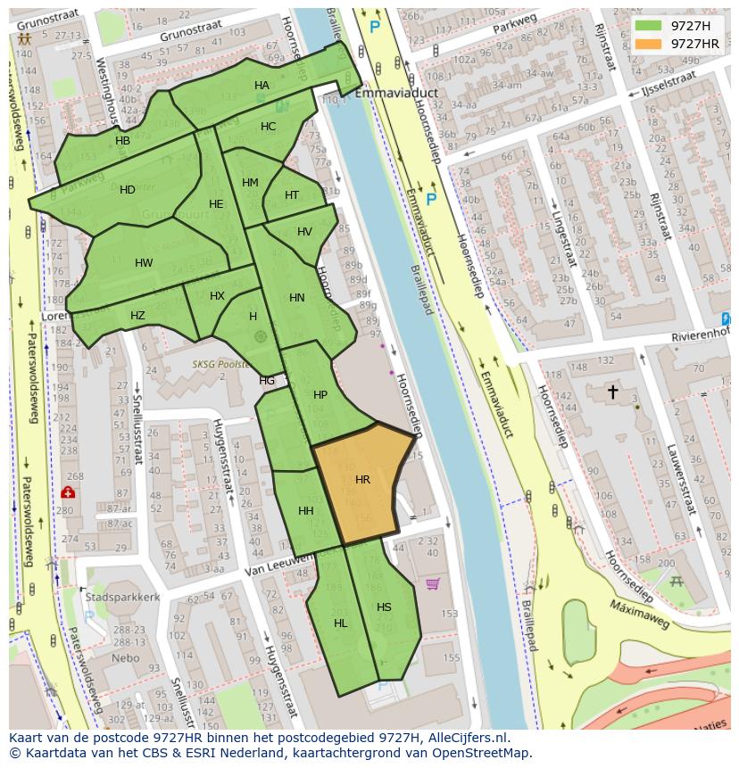Afbeelding van het postcodegebied 9727 HR op de kaart.