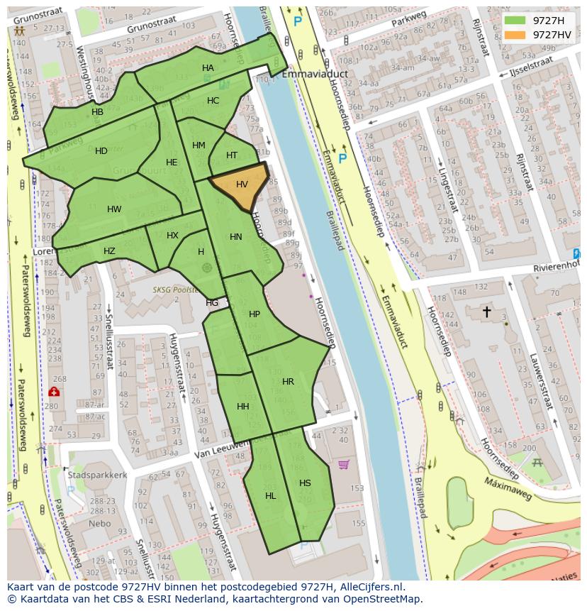 Afbeelding van het postcodegebied 9727 HV op de kaart.