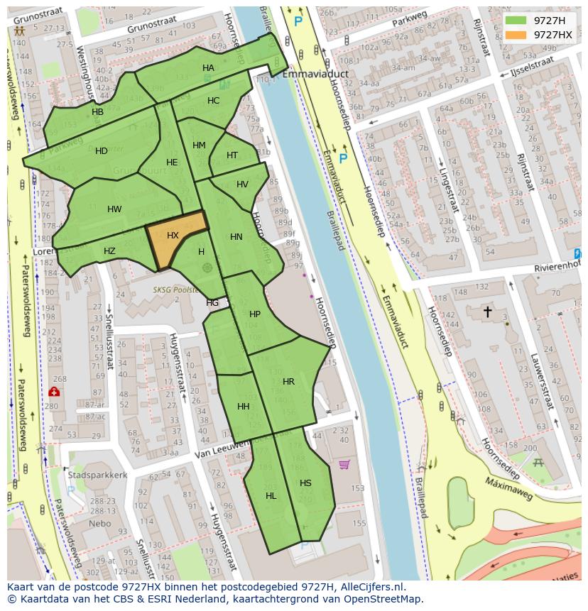 Afbeelding van het postcodegebied 9727 HX op de kaart.