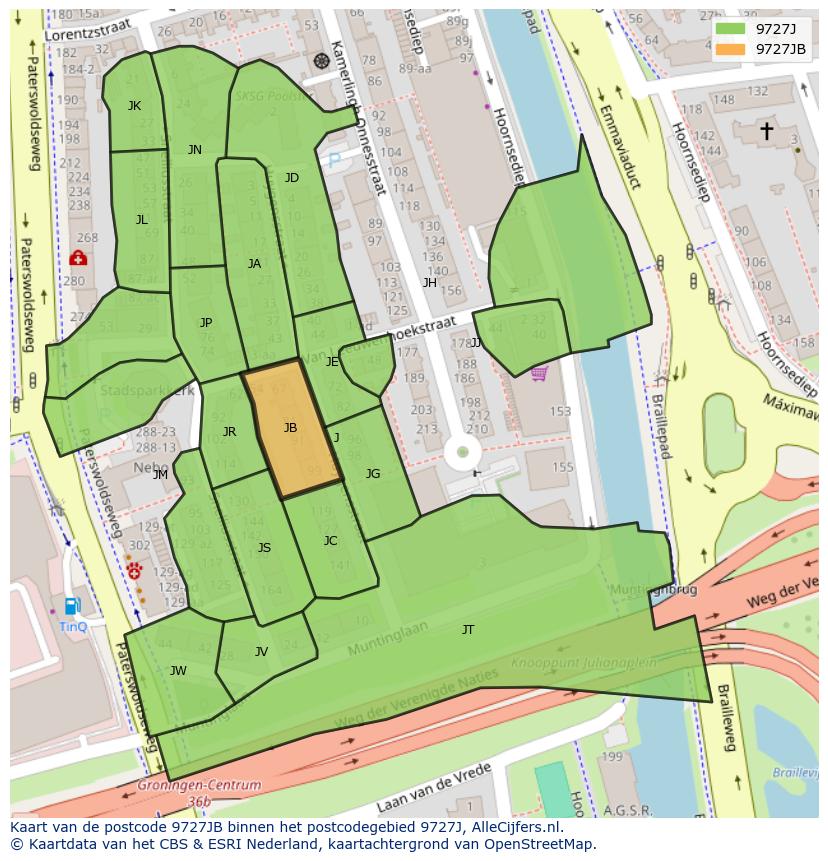 Afbeelding van het postcodegebied 9727 JB op de kaart.
