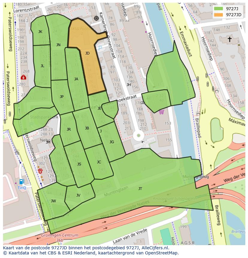 Afbeelding van het postcodegebied 9727 JD op de kaart.