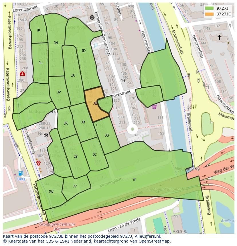 Afbeelding van het postcodegebied 9727 JE op de kaart.