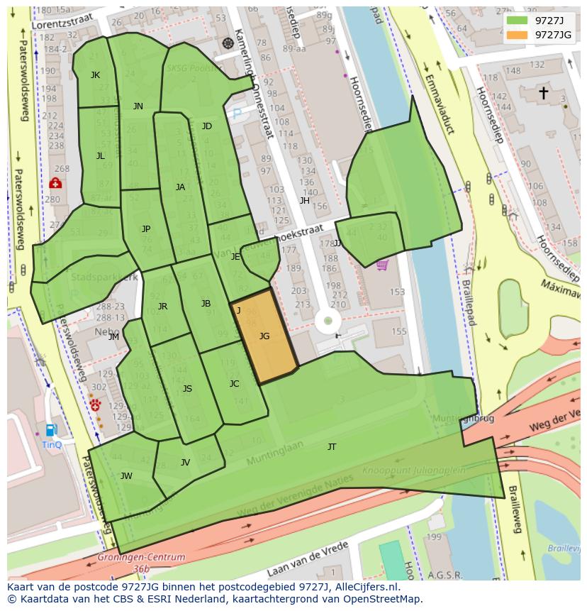Afbeelding van het postcodegebied 9727 JG op de kaart.