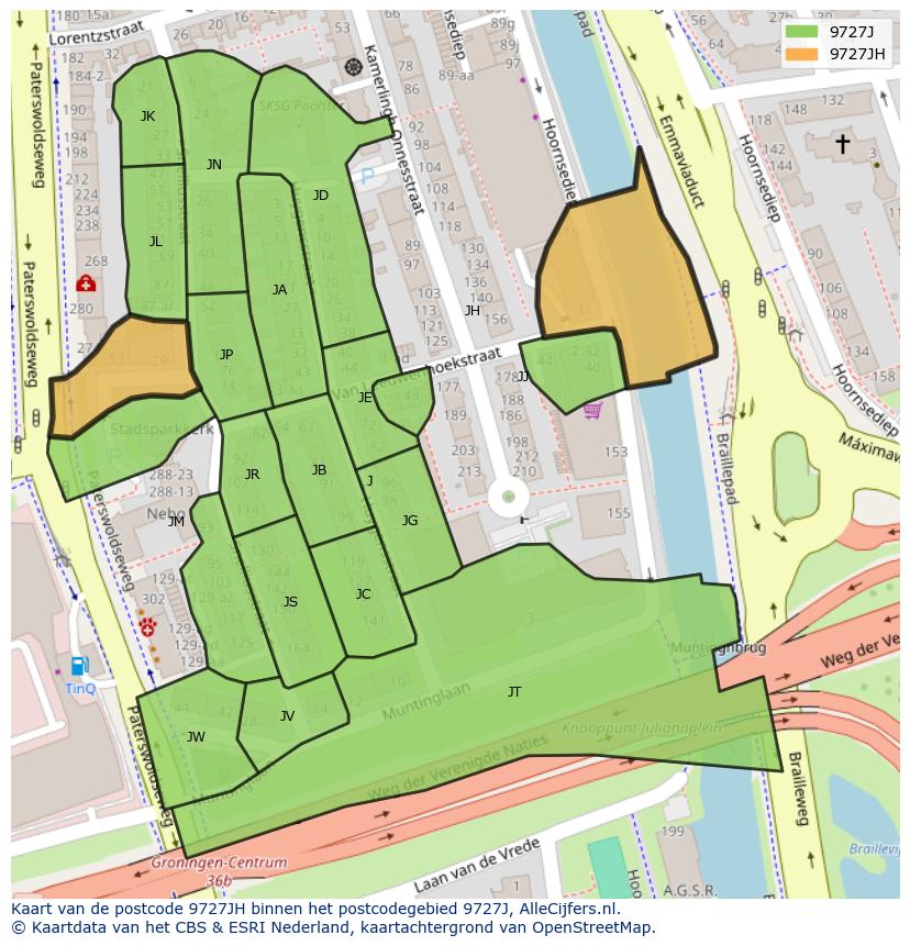 Afbeelding van het postcodegebied 9727 JH op de kaart.