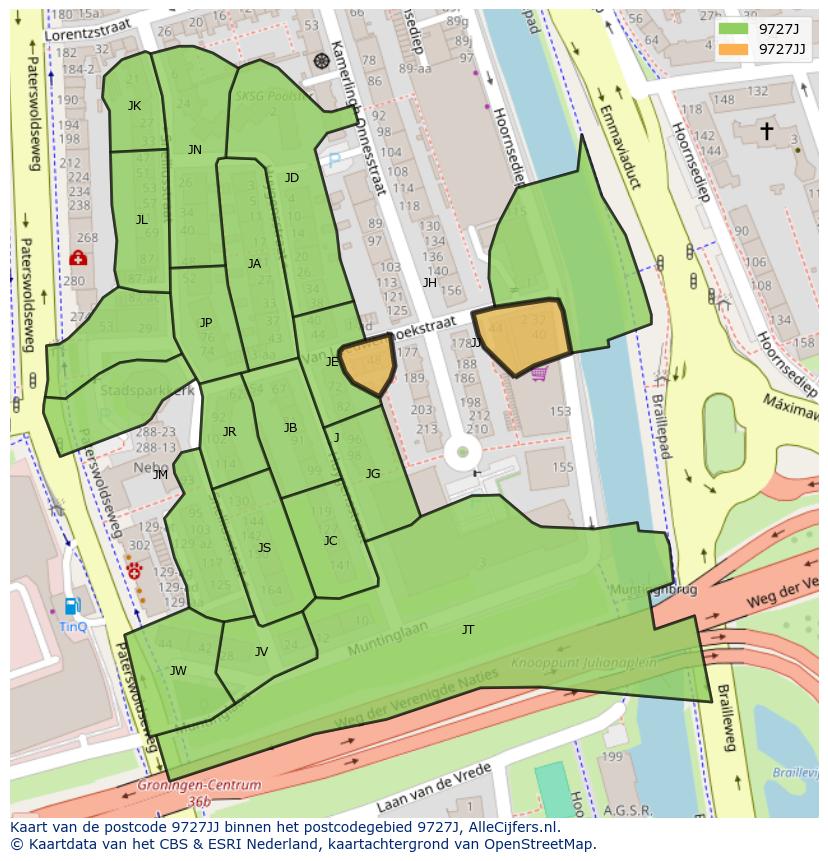 Afbeelding van het postcodegebied 9727 JJ op de kaart.