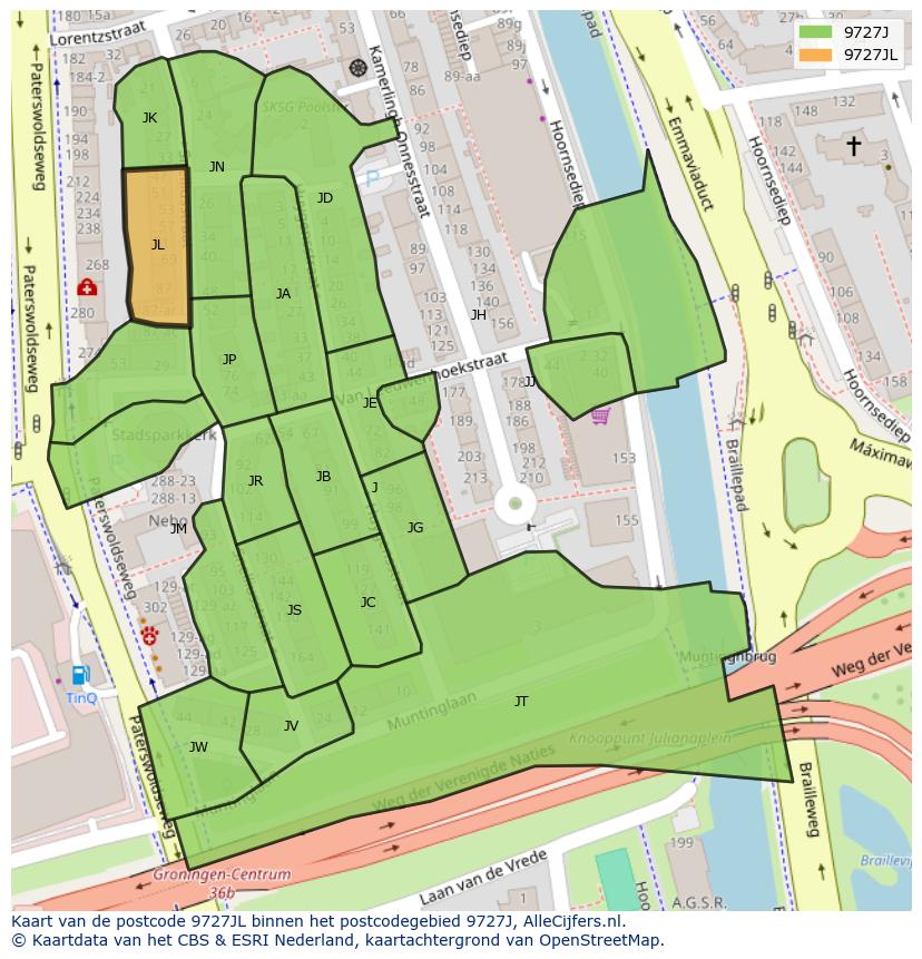 Afbeelding van het postcodegebied 9727 JL op de kaart.