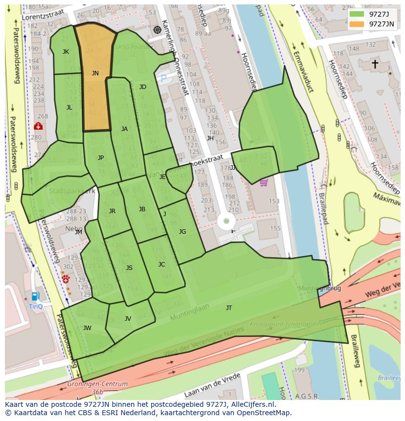 Afbeelding van het postcodegebied 9727 JN op de kaart.