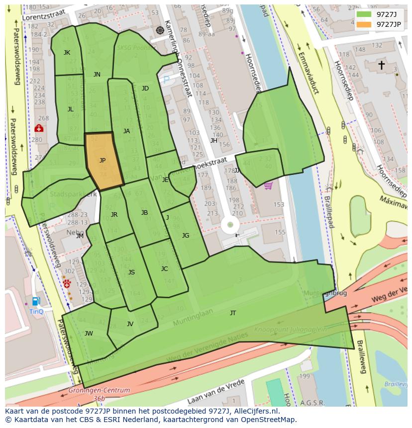 Afbeelding van het postcodegebied 9727 JP op de kaart.