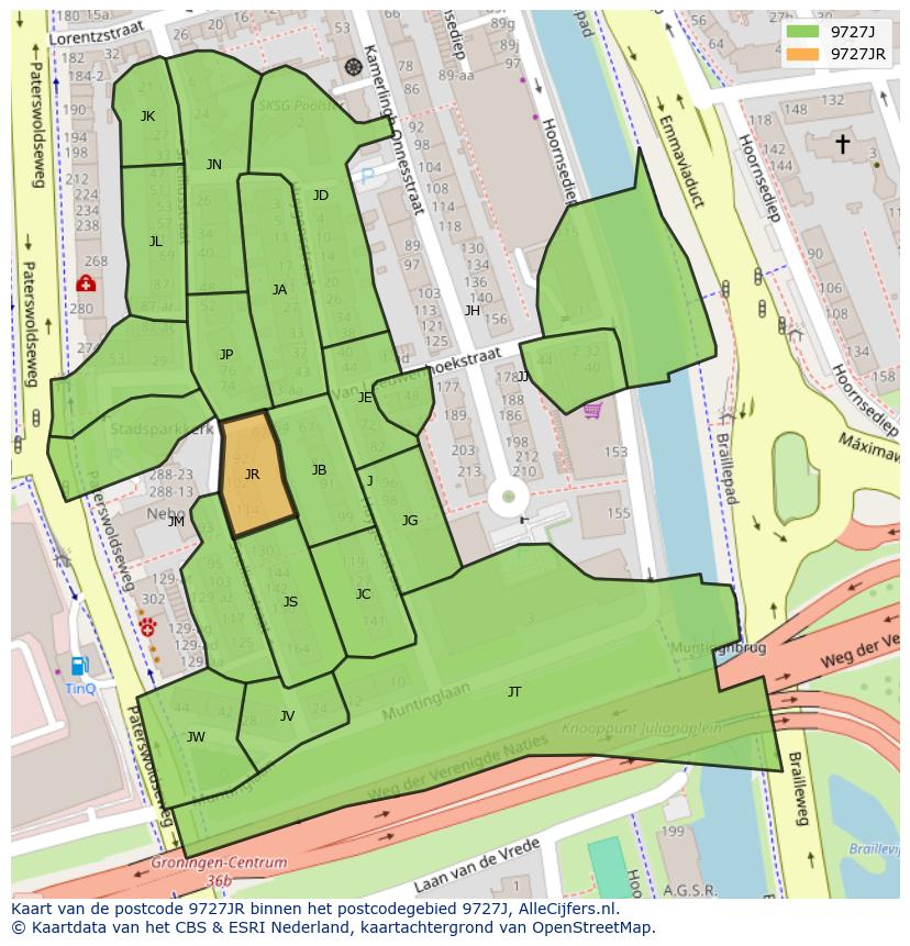 Afbeelding van het postcodegebied 9727 JR op de kaart.