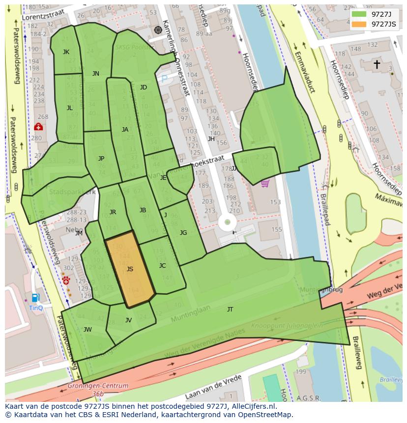 Afbeelding van het postcodegebied 9727 JS op de kaart.