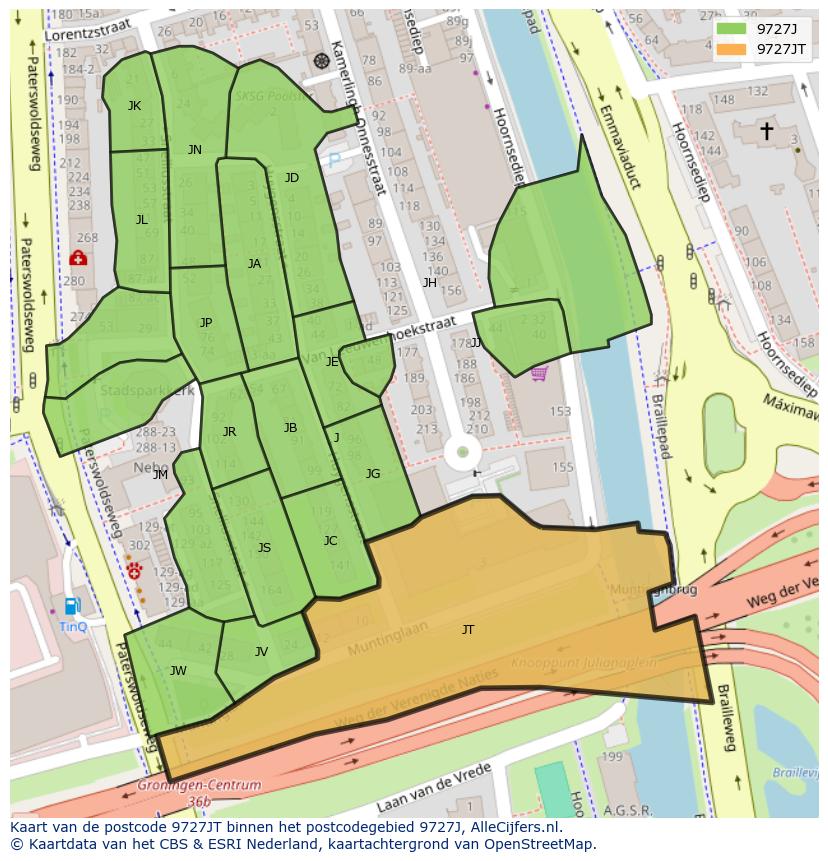 Afbeelding van het postcodegebied 9727 JT op de kaart.