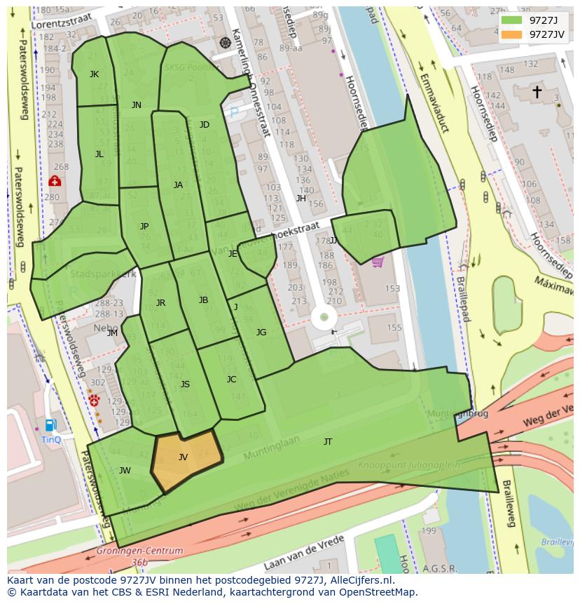 Afbeelding van het postcodegebied 9727 JV op de kaart.