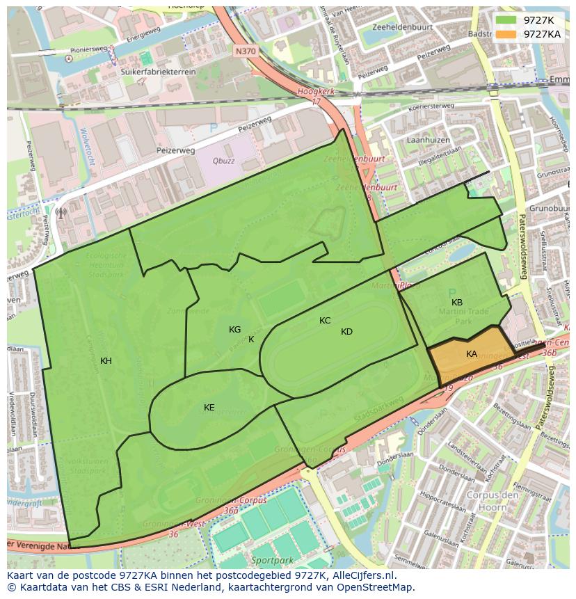 Afbeelding van het postcodegebied 9727 KA op de kaart.
