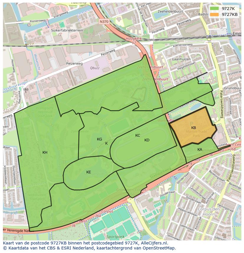 Afbeelding van het postcodegebied 9727 KB op de kaart.