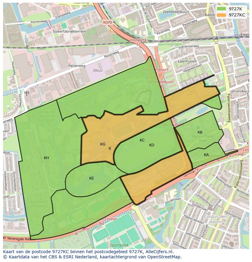 Afbeelding van het postcodegebied 9727 KC op de kaart.