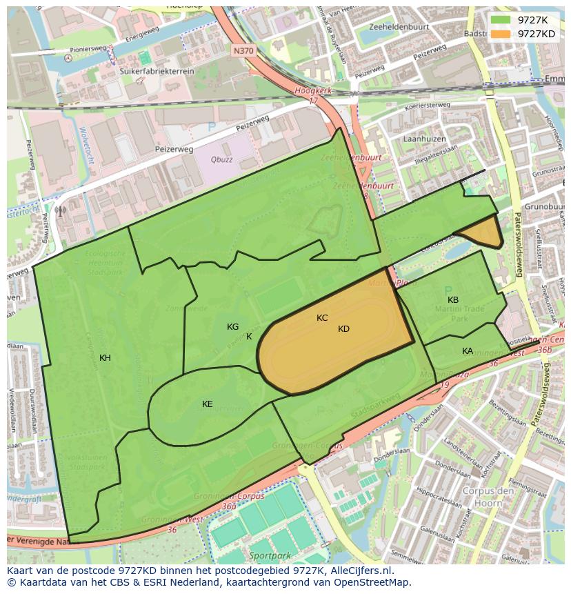 Afbeelding van het postcodegebied 9727 KD op de kaart.