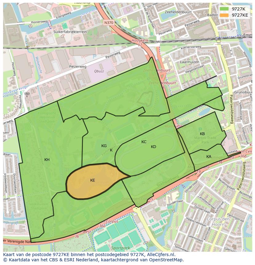 Afbeelding van het postcodegebied 9727 KE op de kaart.