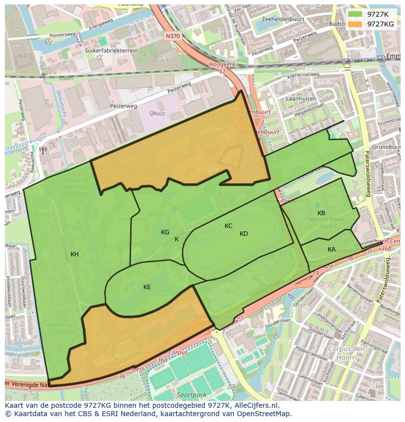 Afbeelding van het postcodegebied 9727 KG op de kaart.