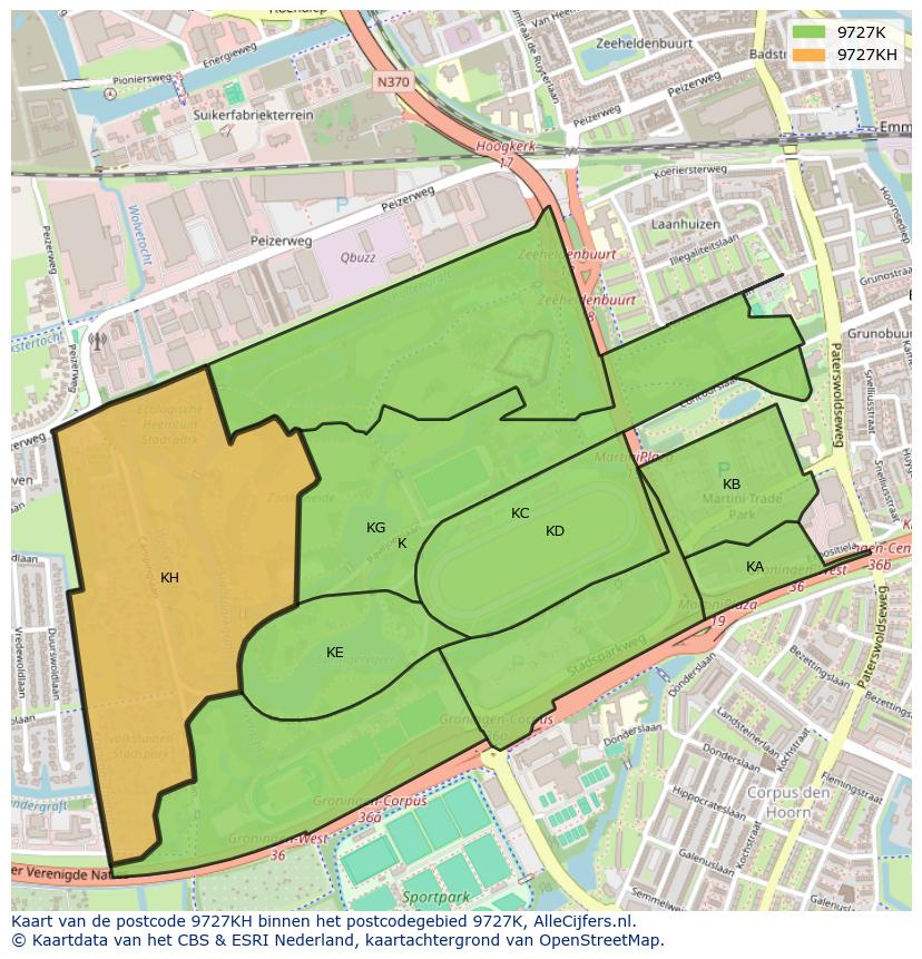Afbeelding van het postcodegebied 9727 KH op de kaart.