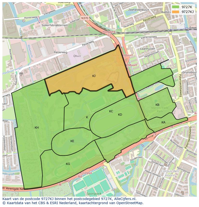 Afbeelding van het postcodegebied 9727 KJ op de kaart.